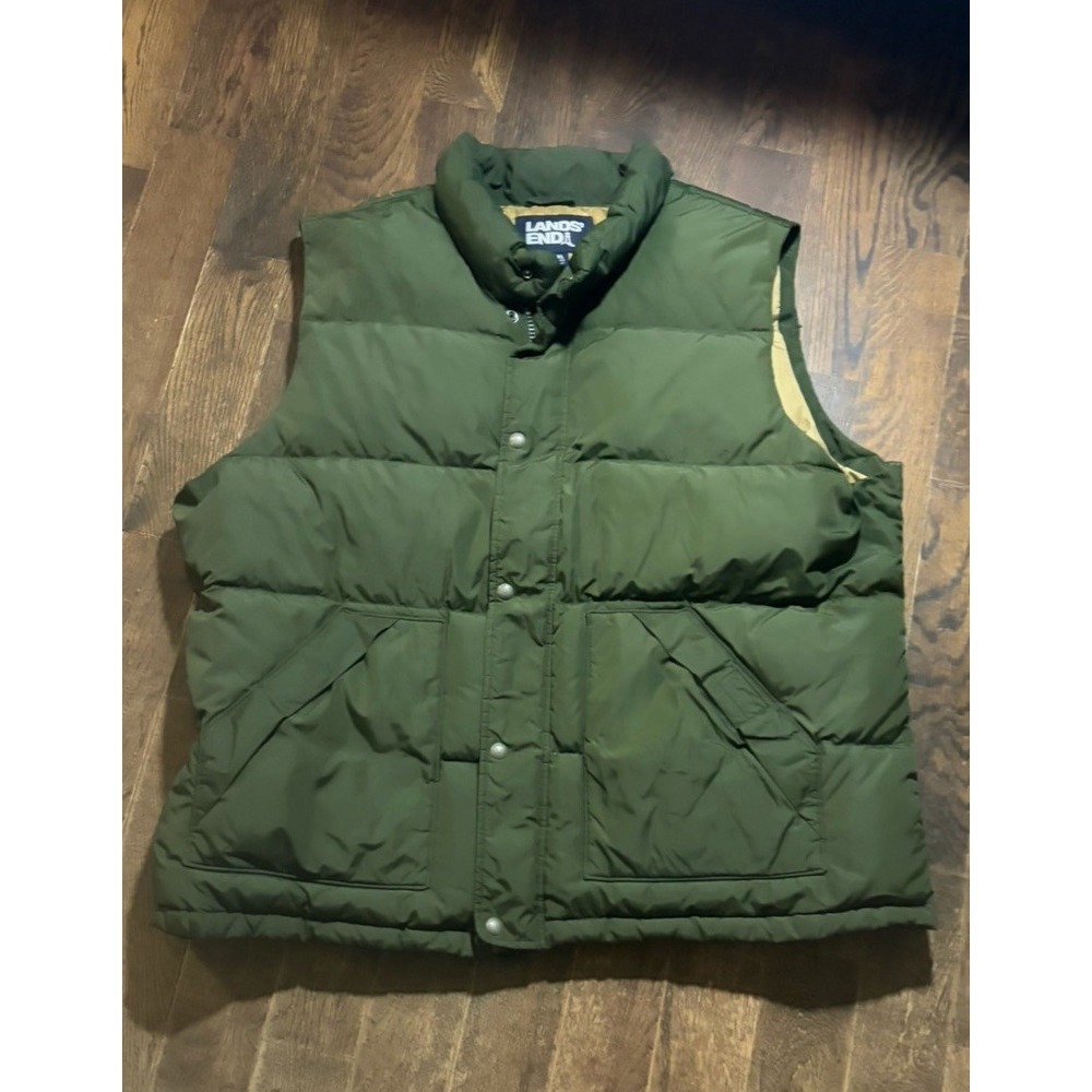 Lands' End Men's Green/Beige Down Insulated Puffer Vest XXL (50-52) Zip Snap